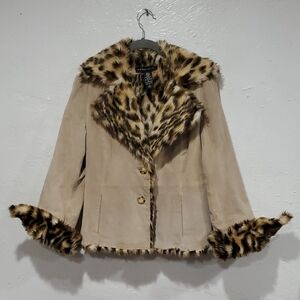 Y2K New York & Company Beige Real Suede Jacket w/ Leopard Faux Fur Trim & Lining